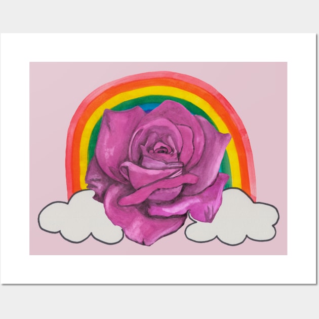 Pink rose with rainbow and clouds Wall Art by deadblackpony